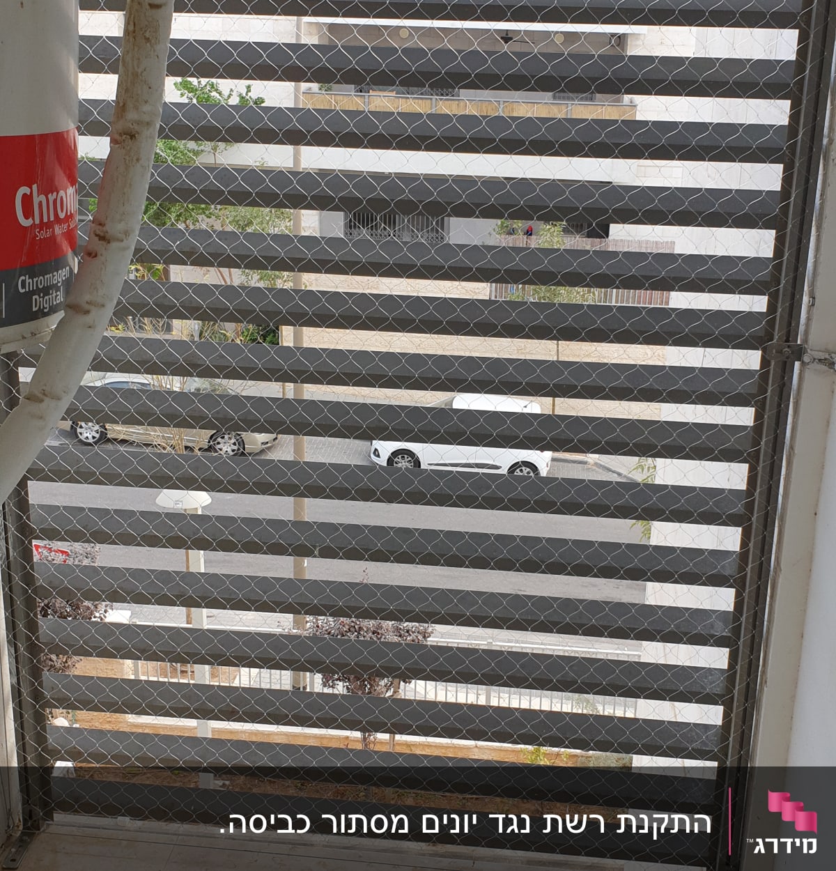 רשת מתכת על חלון למניעת כניסת יונים